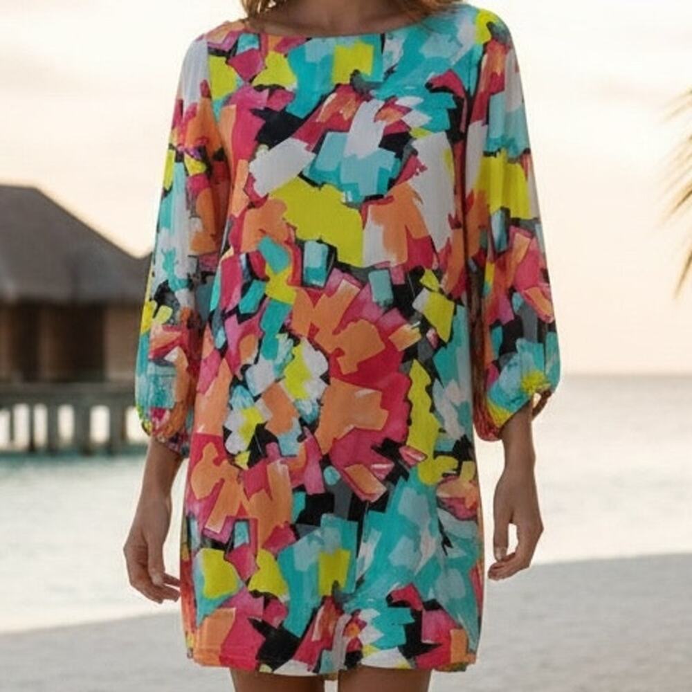 Trina Turk Multi Color Silk Long Sleeve Shift Dress *  Small Med 6-8